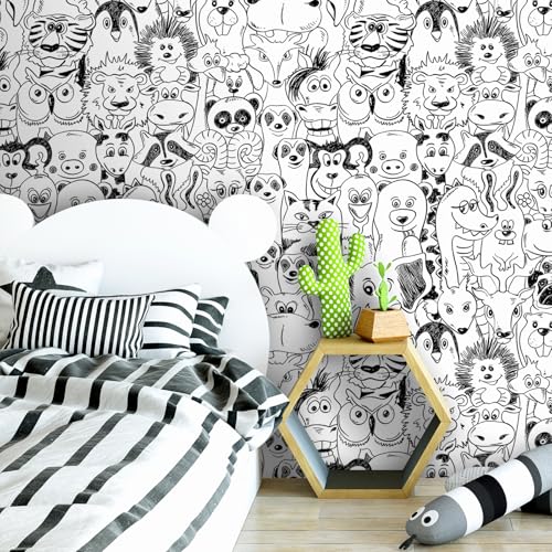 FunStick Black and White Wallpaper Peel and Stick Modern Animal Wall Paper Self Adhesive Vinyl Fun Lion Tiger Deer Dog Animal Contact Paper Removable Wallpaper for Kids Room Bedroom Walls 17.5"x118"