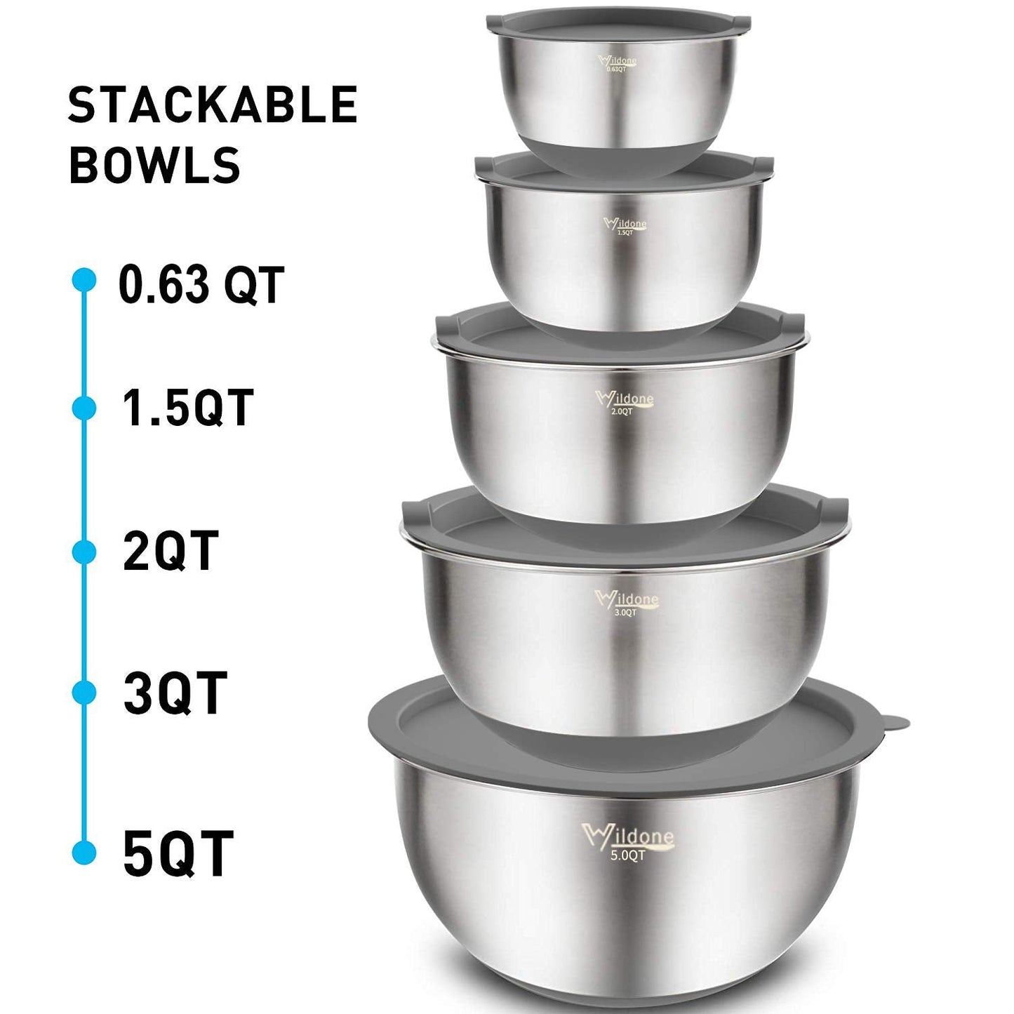 Wildone Mixing Bowls with Airtight Lids Set, 5PCS Stainless Steel Nesting Bowls Set for Kitchen, with Grater Attachments & Non-Slip Bottoms, Size 5, 3, 2, 1.5, 0.63 QT, Great for Baking & Serving