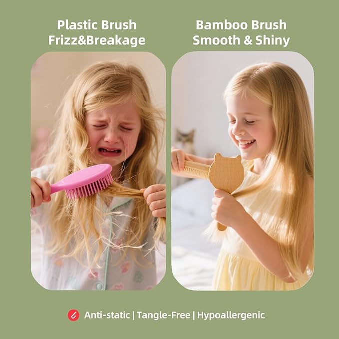 Pink Mini Bamboo Hair Brush – Portable Travel Hairbrush for Kids & Adults, Compact Scalp Massage Hair Brush, Anti-Static, Easy to Carry