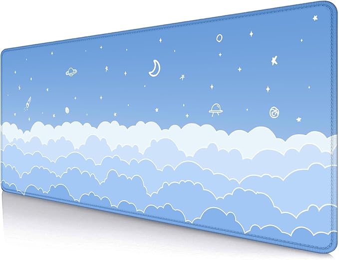 Cute Pastel Blue Desk Mat, Minimalist Large Gaming Mouse Pad Mousepad for Laplop, Kawaii Anime Desk Pad, Gradient White Clouds Computer Pads, Aesthetic Stars Moon Deskpad, 31.5 X 11.8 Inch