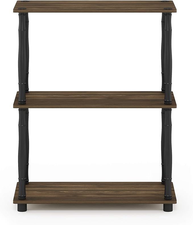 Furinno TURN-N-TUBE Storage Shelves, 3-Tier Book Shelf, Corner Shelf, Toolless Open Shelves, for Organization and Storage, Living Room, Garage, Home Office, Columbia Walnut