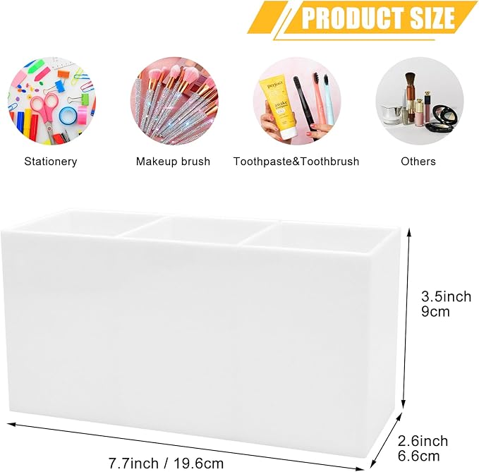 White Makeup Brush Organizer,Acrylic Cosmetic Brushes Storage Holder with 3 Slots,Pencil Pen Holder for Desk,Desk Organizer and Accessories for Vanity