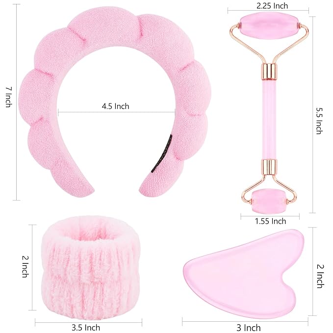 Chanaco Spa Headband and Wristbands for Women Gua Sha & Jade Roller Facial Tools Skincare Headband for Washing Face Makeup Fash Wash Hairband Teen Girl Trendy Stuff