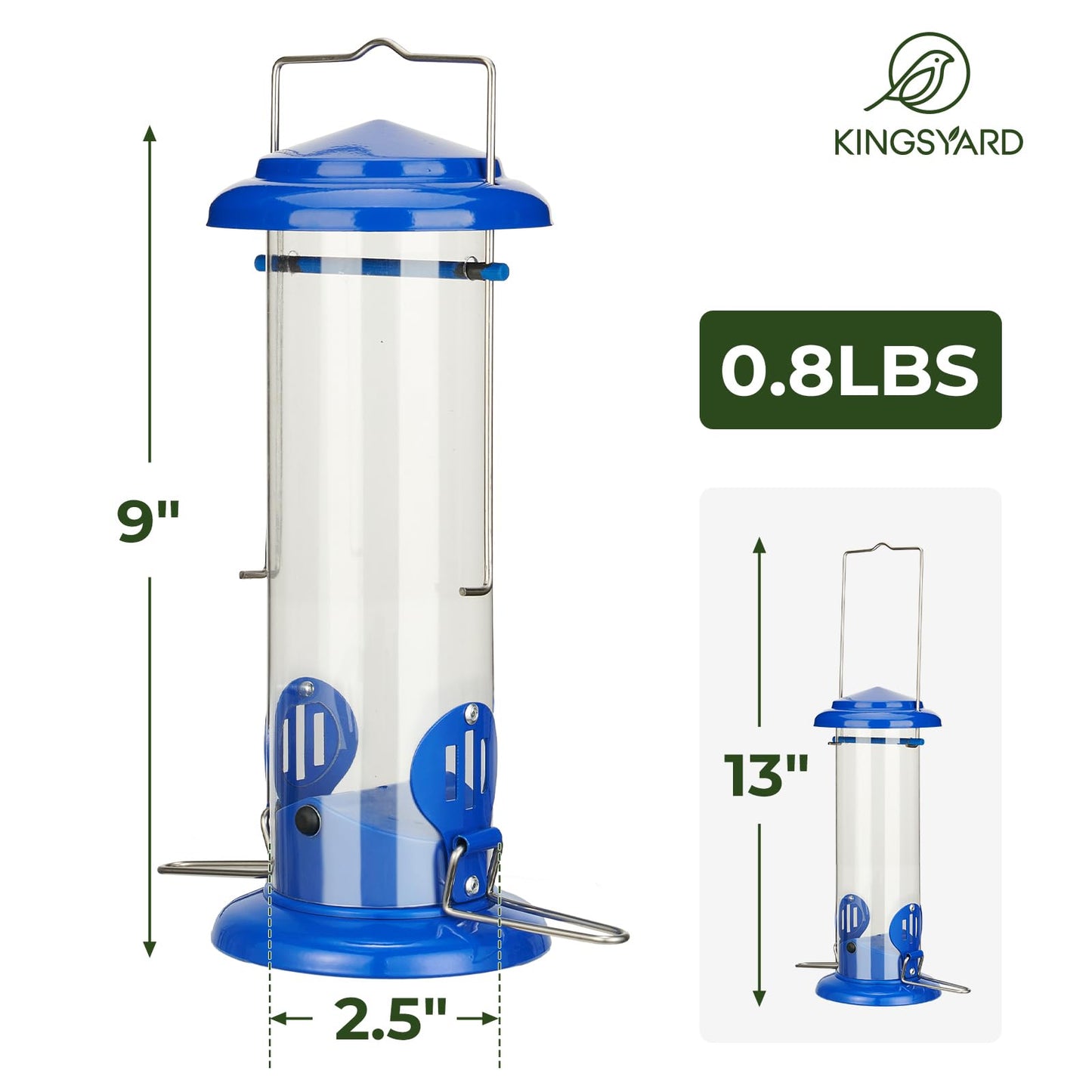 Kingsyard Upgraded Bluebird Feeder for Outdoors Hanging, Metal Mealworm Tube Bird Feeder with Widen Perch for Wild Birds, Squirrel Chew Proof, Easy to Refill & Clean(Blue)