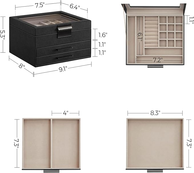 SONGMICS GISELLA Collection - Jewelry Box Organizer, 3-Layer Jewelry Storage with 2 Drawers, Shiny Metal Hardware, Glass Lid, Modern, 8 x 9.1 x 5.3 Inches, Ink Black and Silver UJBC239BK