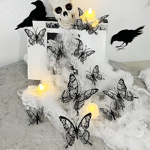 12PCS Butterfly Wall Stickers, 3D Double-Layer Skull Butterflies Wall Decals Halloween Wall Decor Gothic Black Butterfly Design Halloween Wall Stickers for Home Room Bedroom Festival Party Decoration