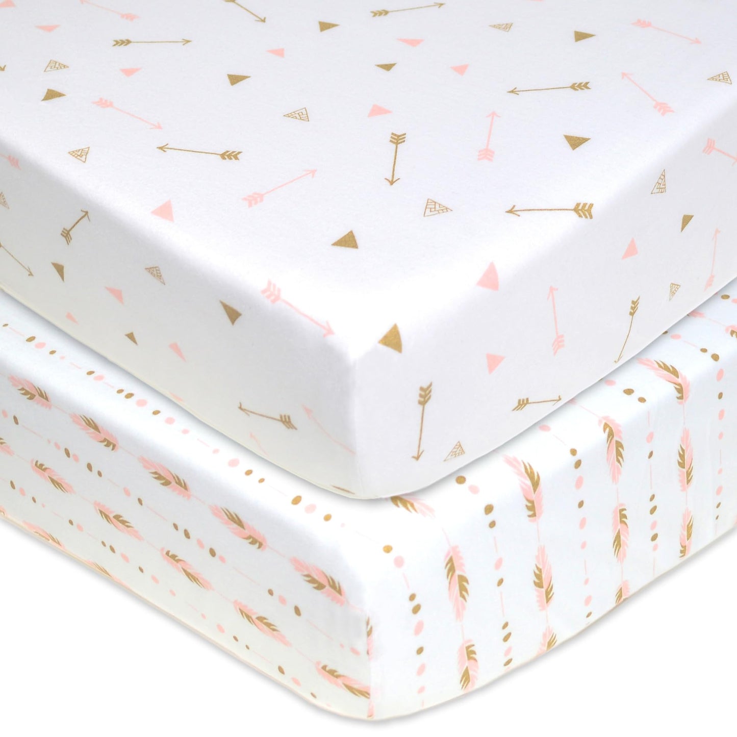 American Baby Company 2 Pack Fitted Crib Sheets 28" x 52", Soft Breathable Neutral 100% Cotton Jersey Sheet, Sparkle Gold/Pink Feathers/Arrows, for Boys and Girls, Fits Crib and Toddler Bed mattresses