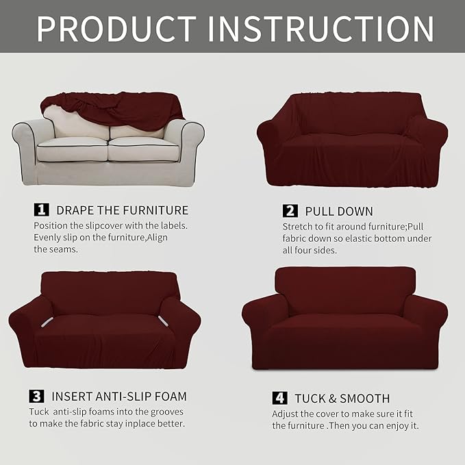 Easy-Going Stretch Loveseat Slipcover 1-Piece Sofa Cover Furniture Protector Couch Soft with Elastic Bottom for Kids Polyester Spandex Jacquard Fabric Small Checks (Loveseat, Wine)