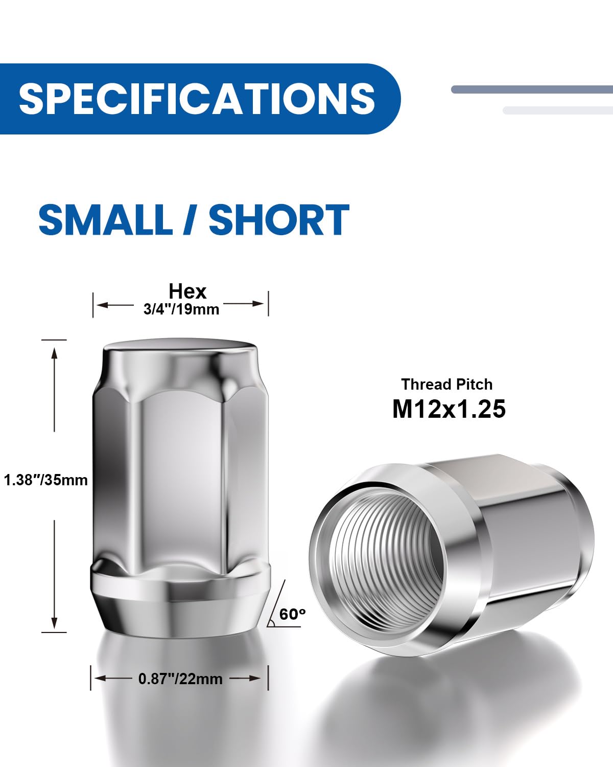 GAsupply 12x1.25 Lug Nuts, M12x1.25 Closed End Bulge Acorn Chrome Lug Nut 3/4" (19mm) Hex 1.38" 35mm Tall, 20 Pack
