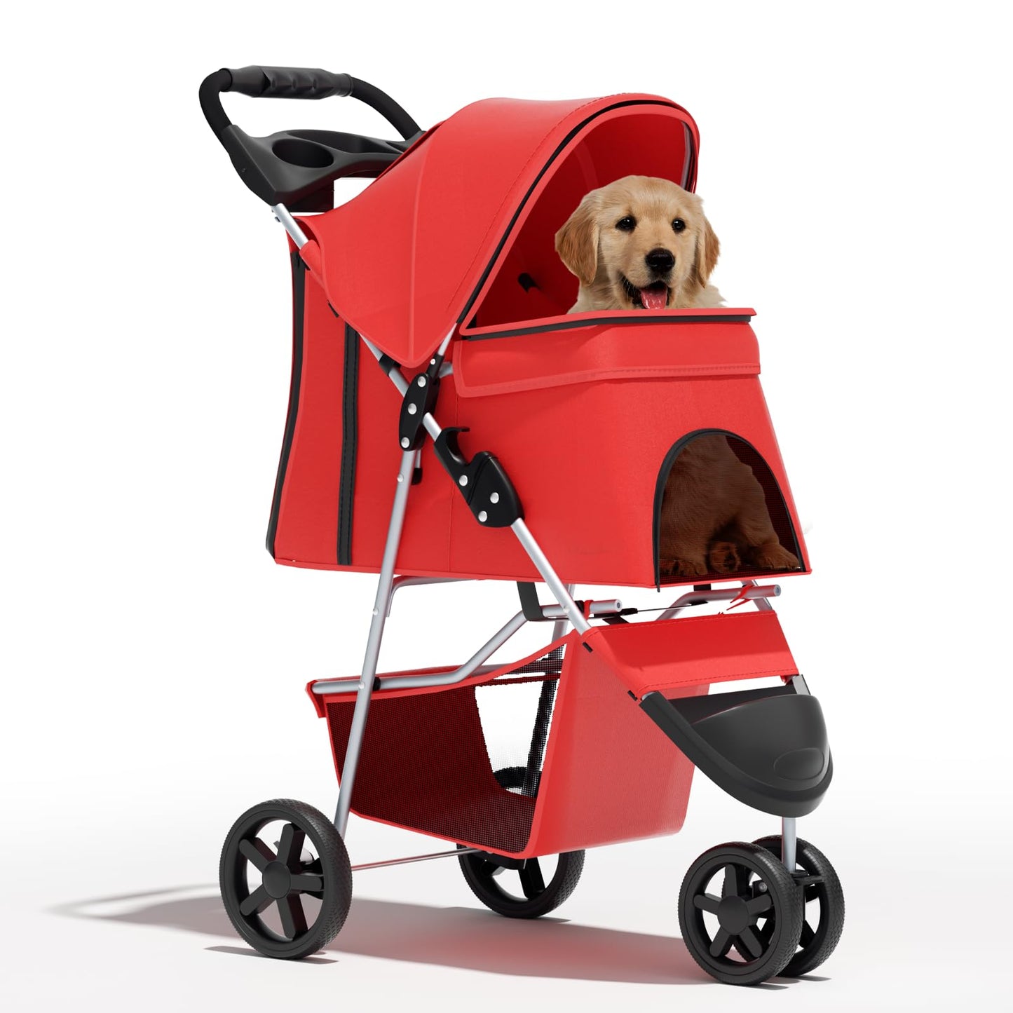 Pet Stroller for Small Dogs 10 lbs, Dog Stroller for Medium Dogs 30 lbs, Cat Strollers for 2 Cats, 3 Wheels Foldable Jogger Puppy Stroller with Storage Basket and Cup Holder, Red