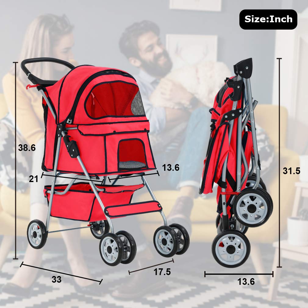 Pet Stroller Pet Carrier Dog Stroller Cat Stroller Folding Lightweight 4 Wheels Jogger Stroller with Storage Basket and Cup Holder
