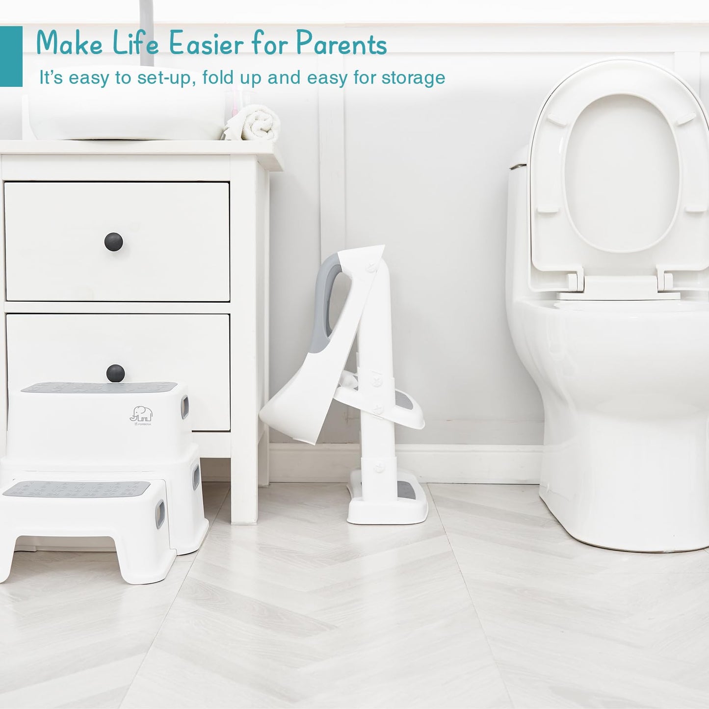 Forbena Potty Training Toilet Seat with Step Stool Ladder, Toddler Kids Potty Seat for Boys Girls, Non Slip Foldable Toilet Training Seat with Soft Cushion, Comfortable Handles (White-Grey)