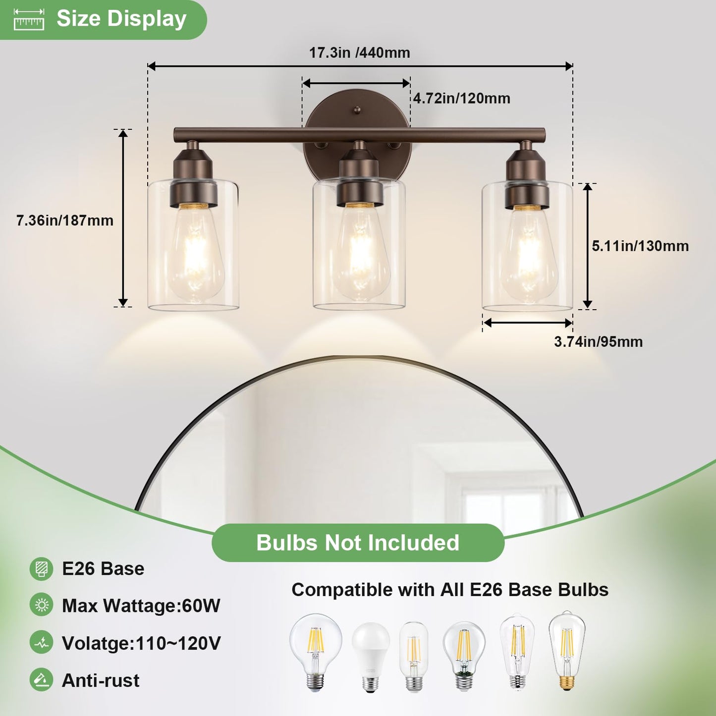 Percantis 3-Light Bathroom Vanity Light Fixture, Modern Wall Lamp for Mirror with Clear Glass Shade (D-Clear Glass & Brown)