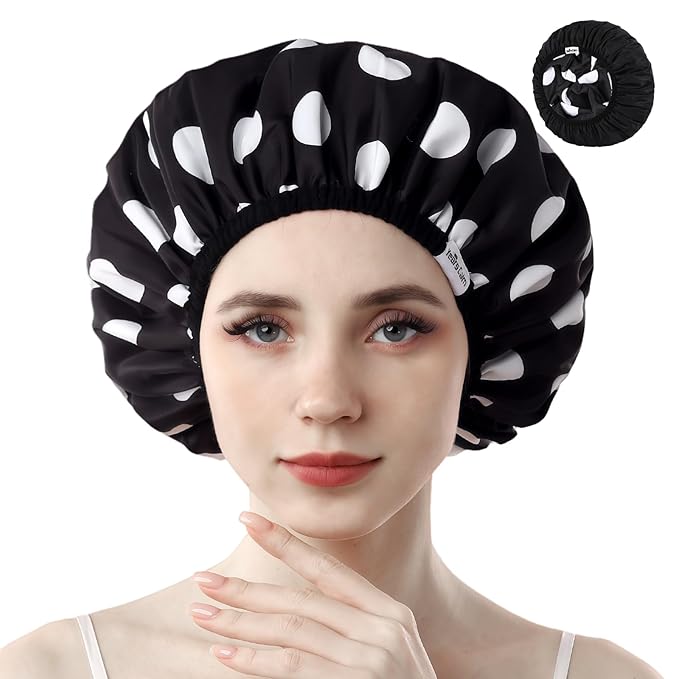 Years calm Shower Caps for Women Reusable Waterproof, Double Layer Waterproof Fabric - Both Sides Usable, Reversible Pattern & Solid Color Design, Soft Elastic Keeps Hair Dry for shower Spa Travel