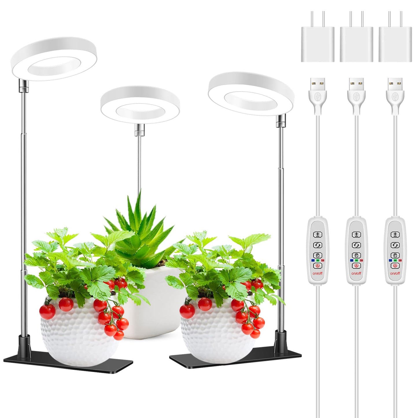 Kullsinss Grow Lights for Indoor Plants, 48 LEDs Full Spectrum Halo Plant Light for Indoor Plants, Height Adjustable Growing Lamp with Detachable Base, 3/9/12Hrs Timer, 10 Brightness, 3-Pack