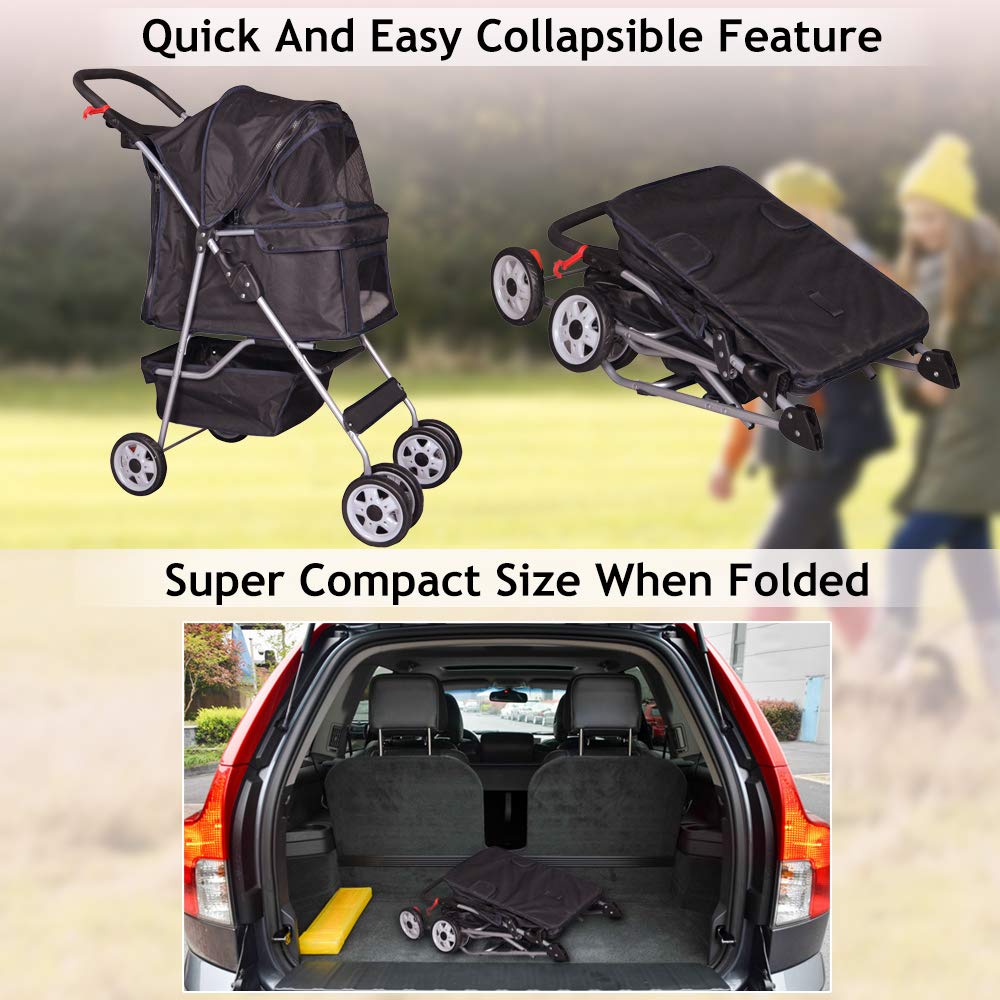 4 Wheel Pet Stroller Cat Dog Cage Stroller Travel Folding Carrier with Cup Holder and Removable Lining for Small and Medium Dogs, Cats (Black)