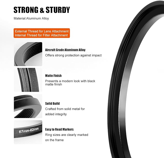 Step Up Rings for Filters 62mm to 67mm Stepping Camera Lens Filter Metal Step Up Lens Filter Adapter Ring for All Brands UV, ND, CPL
