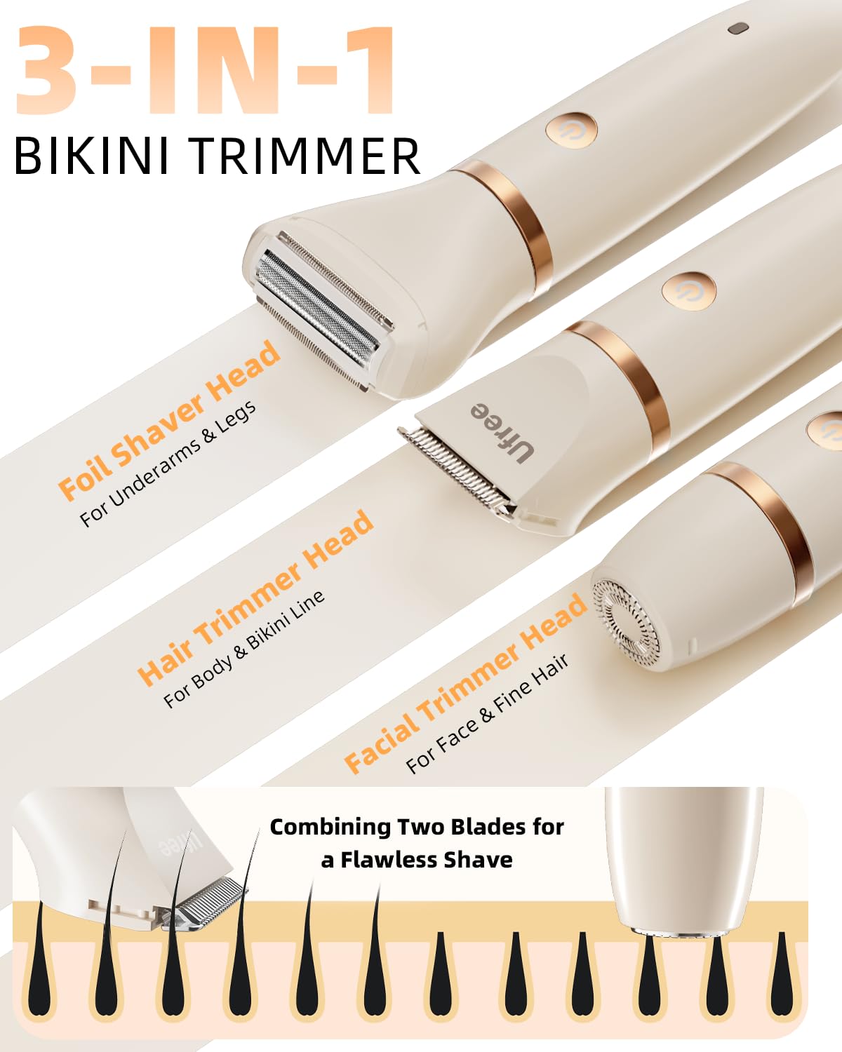 Ufree Bikini Trimmer Electric Razors for Women, Rechargeable Pubic Hair Trimmer Electric Shaver for Legs Body Hair, Bikini Shaver IPX7 Waterproof, White