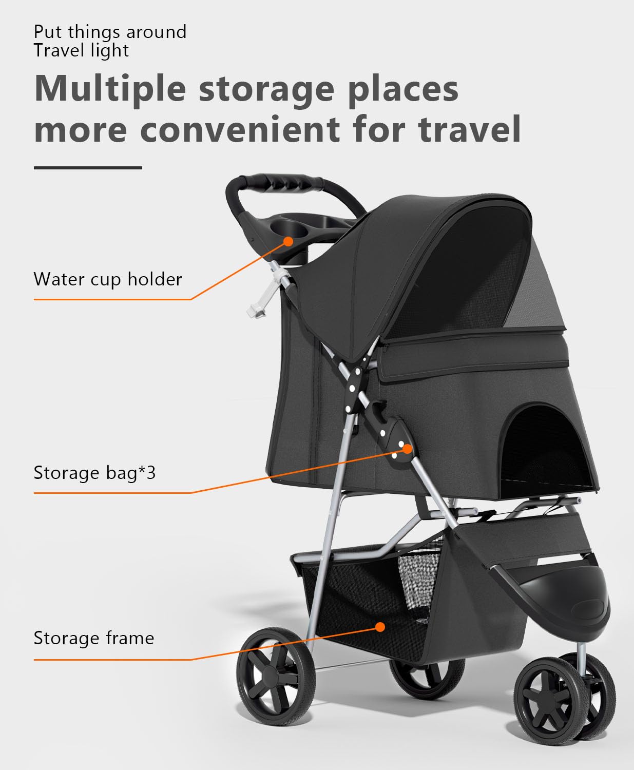 OS MOTOR Pet Stroller with 3 Wheels for Small/Medium Pets, Portable Travel Foldable Carrier Jogger for Dog Cat Puppy Kitty, Rear Wheel Breaks, Storage Basket, Visible Mesh with Weather Cover (Black)