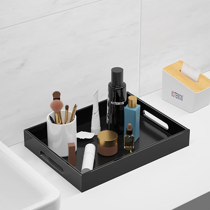 KOTEMON Acrylic Serving Tray with Handles-16x12x2.36Inch-Decorative Tray Letter Tray Organizer for Ottoman Coffee Table Countertop, Black