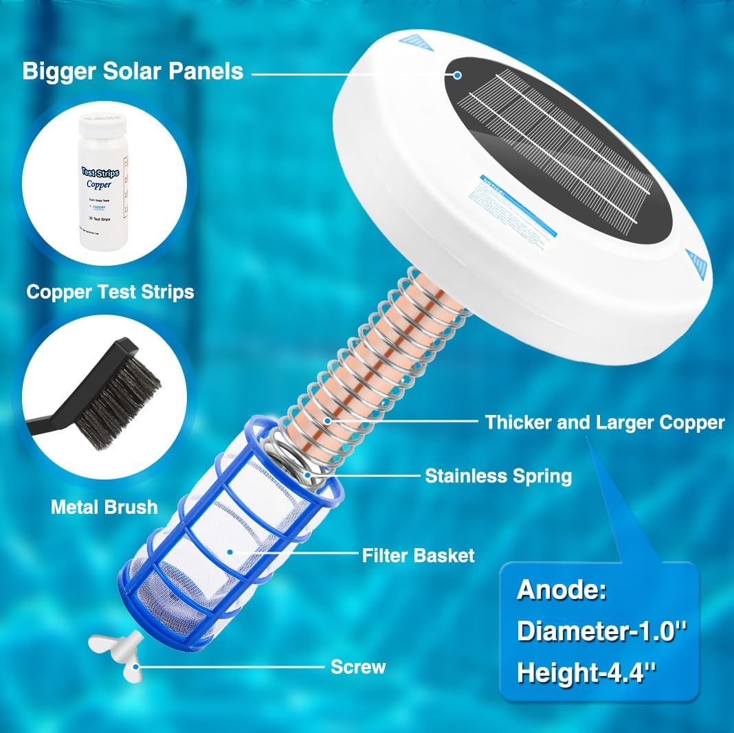 Solar Pool Ionizer - Floating Pool Cleaner for Swimming Pools Up to 45,000 Gallons, Large Solar Panel & Durable Copper Anode, Clear Water with Minimal Effort
