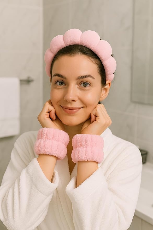 5-Piece Spa Gift Set Ã¢ÂÂ Pink Facial Headband, Hair Clip & Wristbands, One-Size Skincare Accessories for Makeup, Face Washing & Self-Care