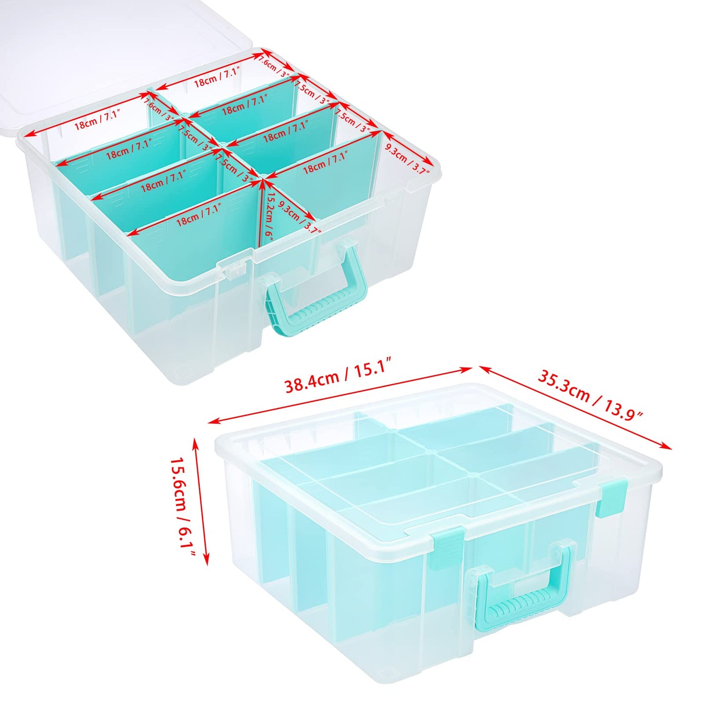 BTSKY Clear Plastic Dividing Storage Box with 8 Deep Compartments Adjustable Storage Bin with Lid Portable Craft Storage Container Multipurpose Sewing Box Art Supply Organizer, 15.1x13.9x6.1 Inches