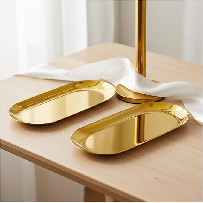 2 Pack Gold Decorative Tray,Oval Stainless Steel Trays, Decorative Tray for Jewelry Dish Cosmetics Organizer Bathroom Clutter Serving Platter (Gold, 7 in)