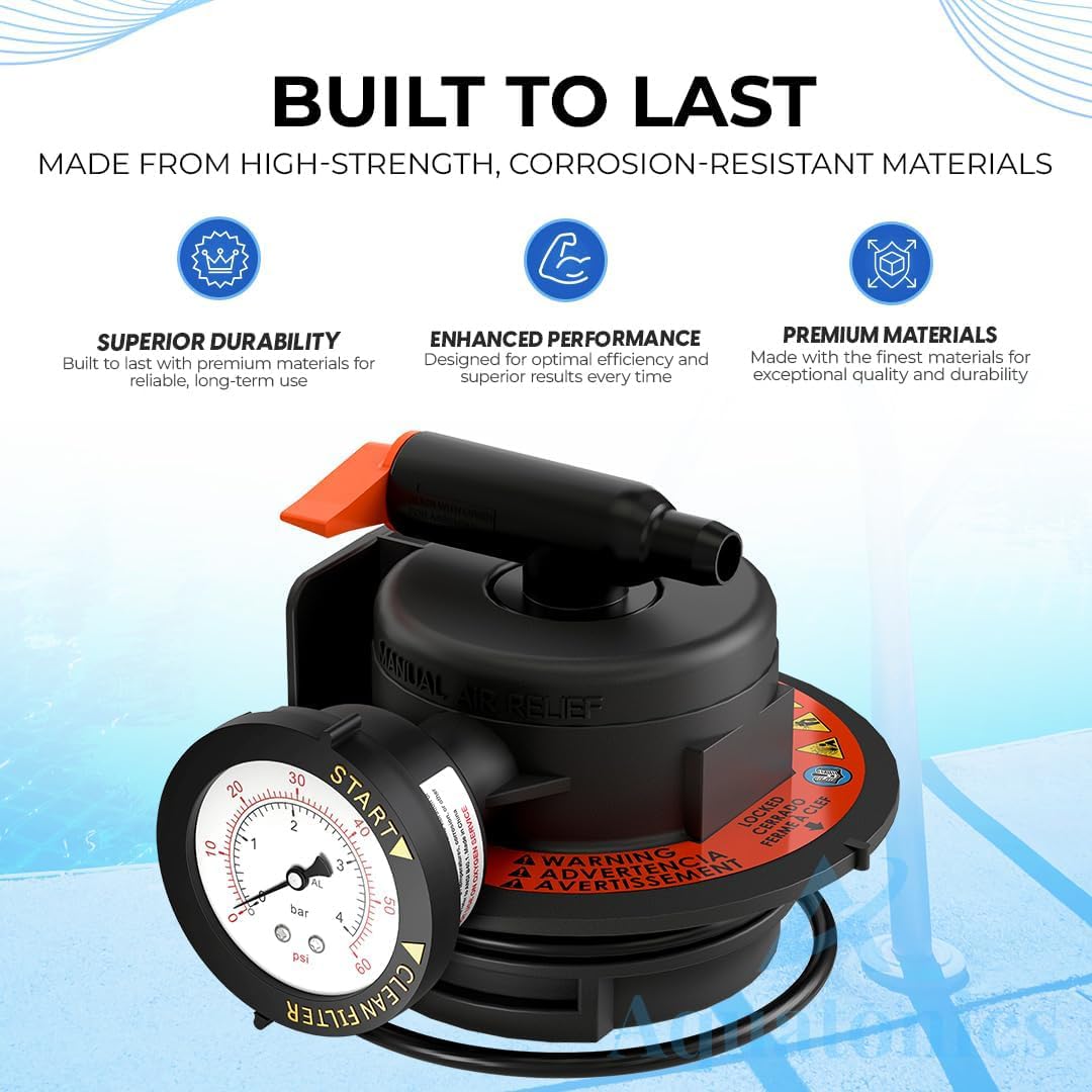 Aquatonics Replacement DEX2420MAR2 Manual Air Relief Valve Assembly with Pressure Gauge and O-Rings - Compatible with Hayward Pro Grid DE Filters, SwimClear Cartridge Filters - 1 Year Warranty
