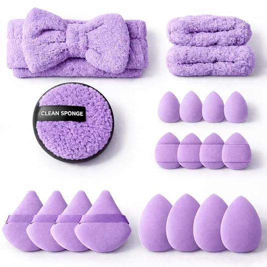 20 Pcs Makeup Sponges Set Beauty Blender Triangle Puffs Mini Sponge Spa Headband & Wristband Remover Pad Cosmetic Applicator for Powder Foundation Liquid Cream Multi - Functions Kit (Purple)