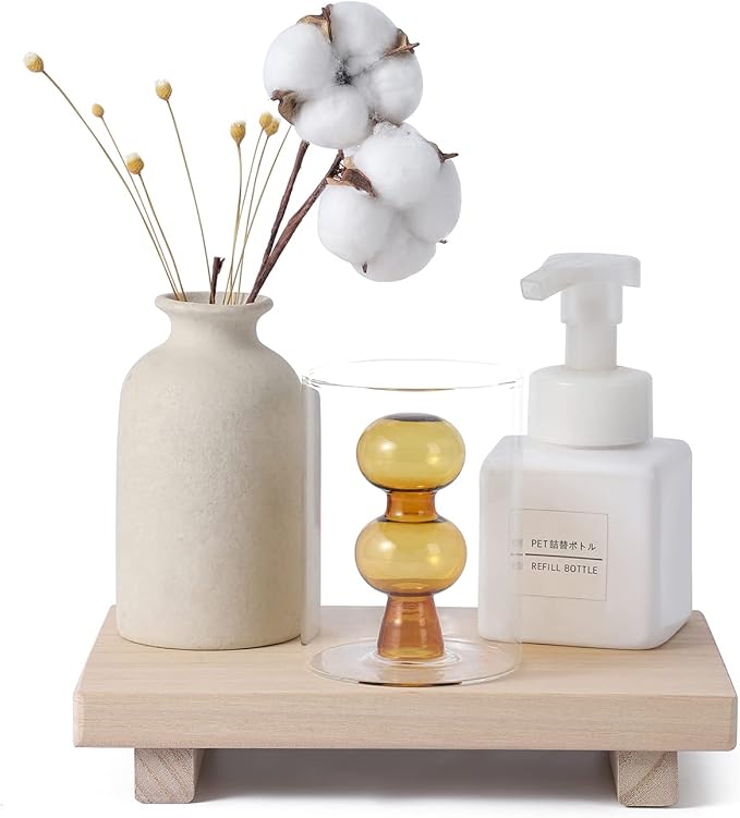 zoocatia Small Wood Tray Pedestal Stand Farmhouse Bathroom Decor Decorative Wooden Riser Kitchen Soap Dish Holder for Vanity, Counter, Sink, 9" x 5.9" - Burlywood