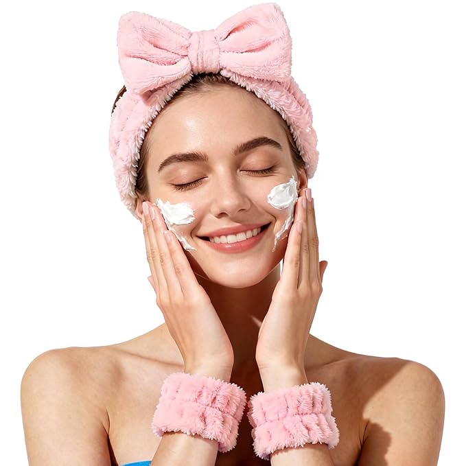 Fmeida Skincare Spa Headbands and Wrist Bands Set for Washing Face Peach, 3 Pack