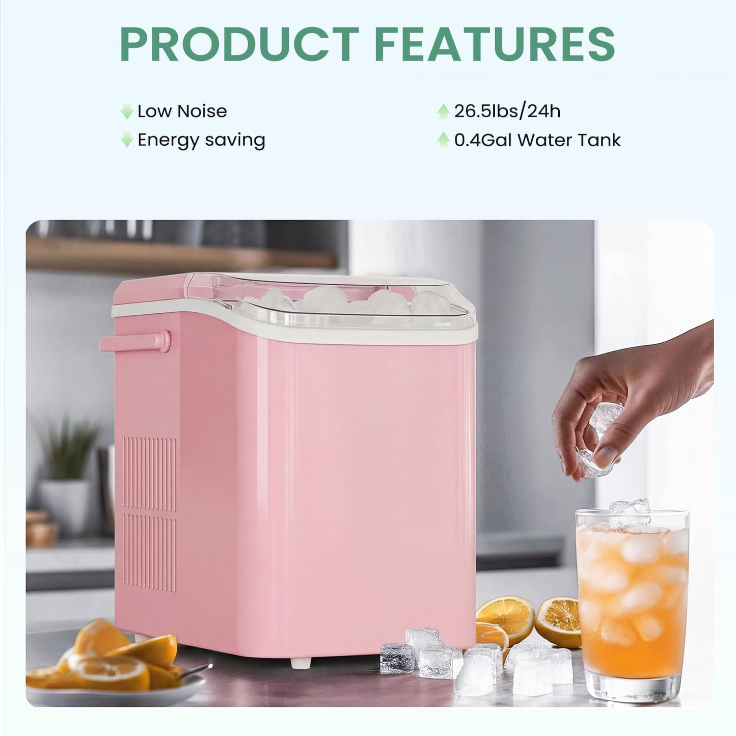 KMFurnila Ice Makers Countertop, Portable Ice Machine with Handle, 6 Mins 9 Bullet Ice Cubes with Basket and Scoop, 26lbs in 24Hrs, Auto-Cleaning, for Home, Kitchen, RV, Camping, Pink