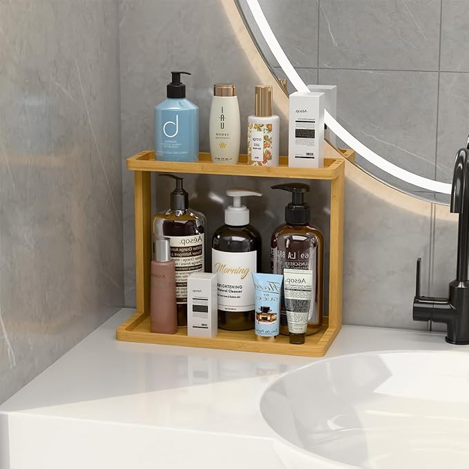 PEKER Bamboo Bathroom Organizer Countertop Ã¢ÂÂ Small Vanity Storage Shelf for Makeup, Perfume, Skincare Ã¢ÂÂ Natural Cosmetics Display Rack for Dresser, Sink, Kitchen Ã¢ÂÂ Natural