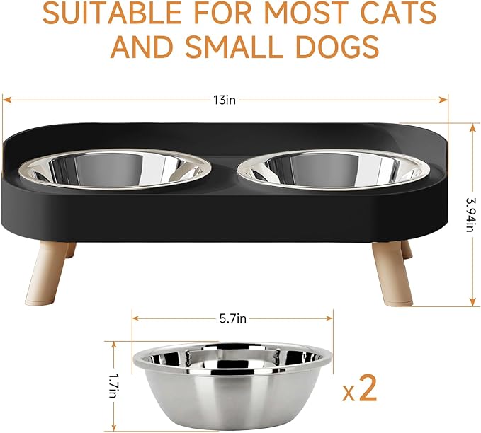 Elevated Cat Bowl, Raised Cat Food and Water Bowl Set for Indoor Cats, Splash Proof with 4 Stainless Steel Pet Food Bowls for Cats and Puppies, Whisker Fatigue and Dishwasher Safe - Black