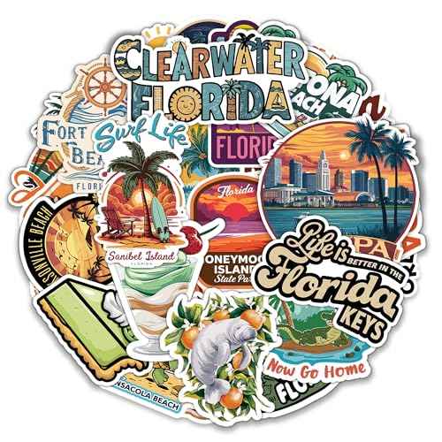 Florida State Travel Stickers 50 Pieces Vinyl Waterproof Decal for Laptop Water Bottle Phone Car Window Bike Motorcycle Stakeboard Scrapbook Floridas Sticker Gifts