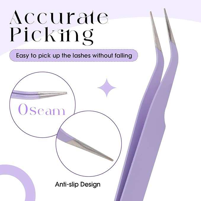 WENDY Lash Tweezers for Eyelash Extensions, Precision Fiber Stainless Steel Lash Applicator Tool for False Eyelashes, Precision Fiber Mega Volume lash-tweezers Use at Home
