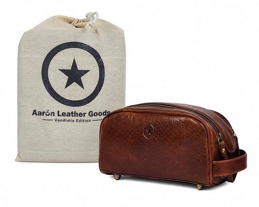 10" Premium Leather Toiletry Travel Pouch With Waterproof Lining | King-Size Handcrafted Vintage Dopp - Kit Gift for Father's Day By Aaron Leather Goods