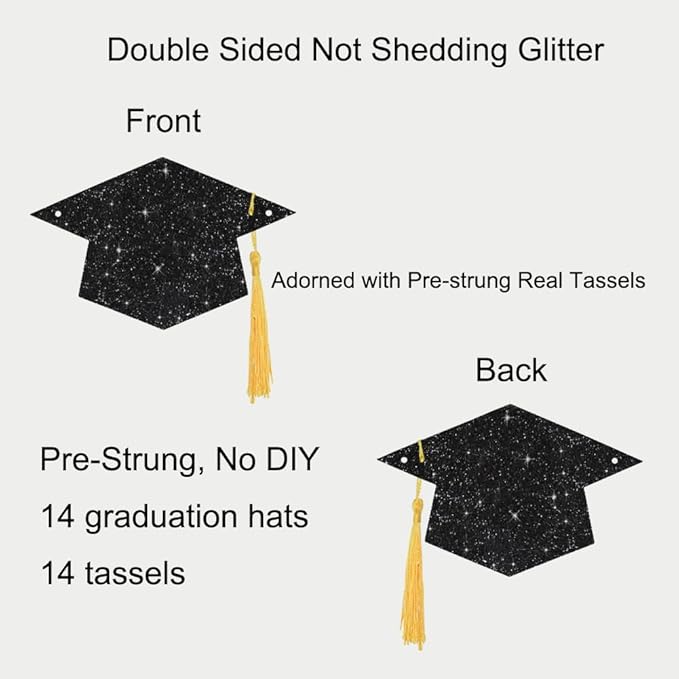 Graduation Decoration Banners 2026 Black Glitter Graduation Hats with Tassel Banners Garlands Class of 2026 Banners for College High School Graduate Party Decorations