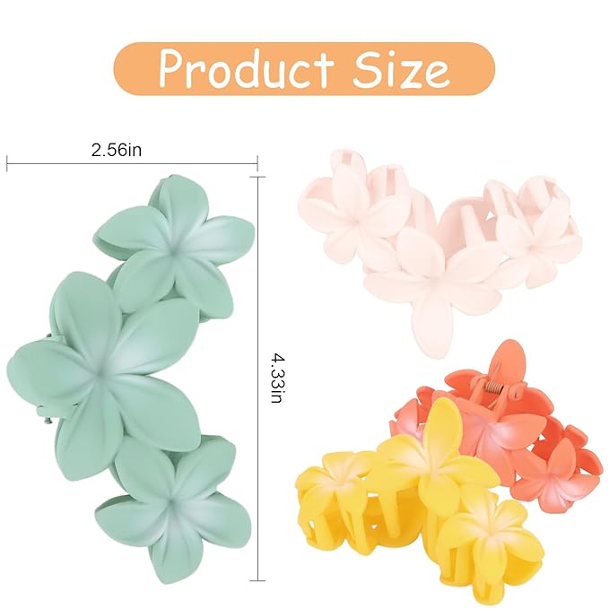 ANBALA 4PCS Flower Hair Accessories: Colorful Hawaiian Plumeria Claw Clips for Thick Hair - Large, Non-Slip, Strong Hold Beach Clips