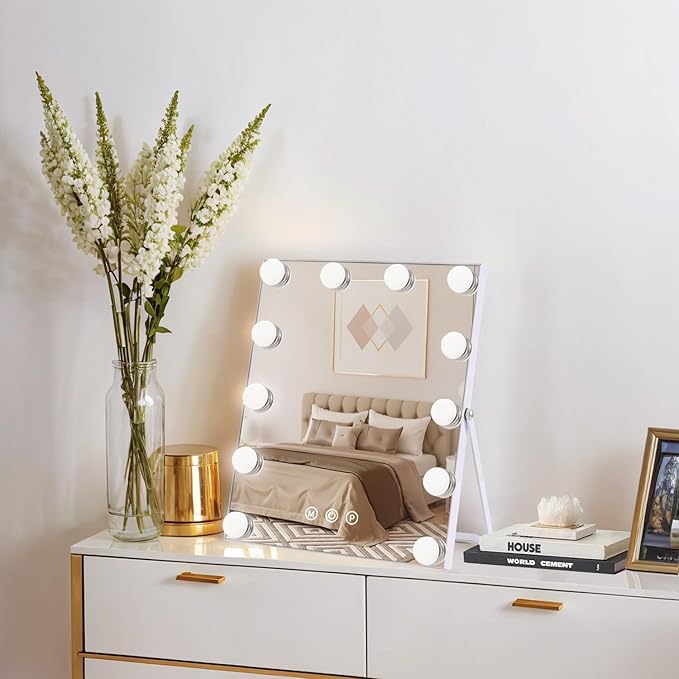 Makeup Mirror, Vanity Mirror with Lights, Hollywood Mirror with 12 Dimmable Bulbs, 3 Color Modes and 12 Dimmable Bulbs, Smart Touch Control, Gifts for Her, Dorm Room Essentials
