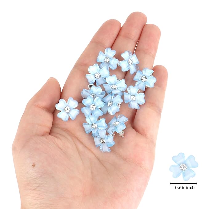 YISSION 20 Pcs Mini Blue Flower Hair Clips with Rhinestone Cute Hair Pins Decorative Hair Clips Wedding Hair Barrettes Bridal Hair Accessories for Girls Women
