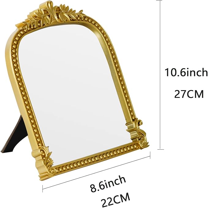 Gold Plastic Arched Makeup Mirror, Standing, Hanging or Wall Mount, Bathroom, Living Room, Bedroom Gold Decorative Mirror (10.6x8.6 inch)