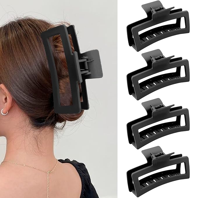 5 Inche Black Extra Large Claw Clips for Thick Hair and Long Hair, 4 Pack Xl Jumbo Claw clips, Oversized Matte Non-slip Rectangle Hair Clips for Women, Big Strong Hold Jaw Clip