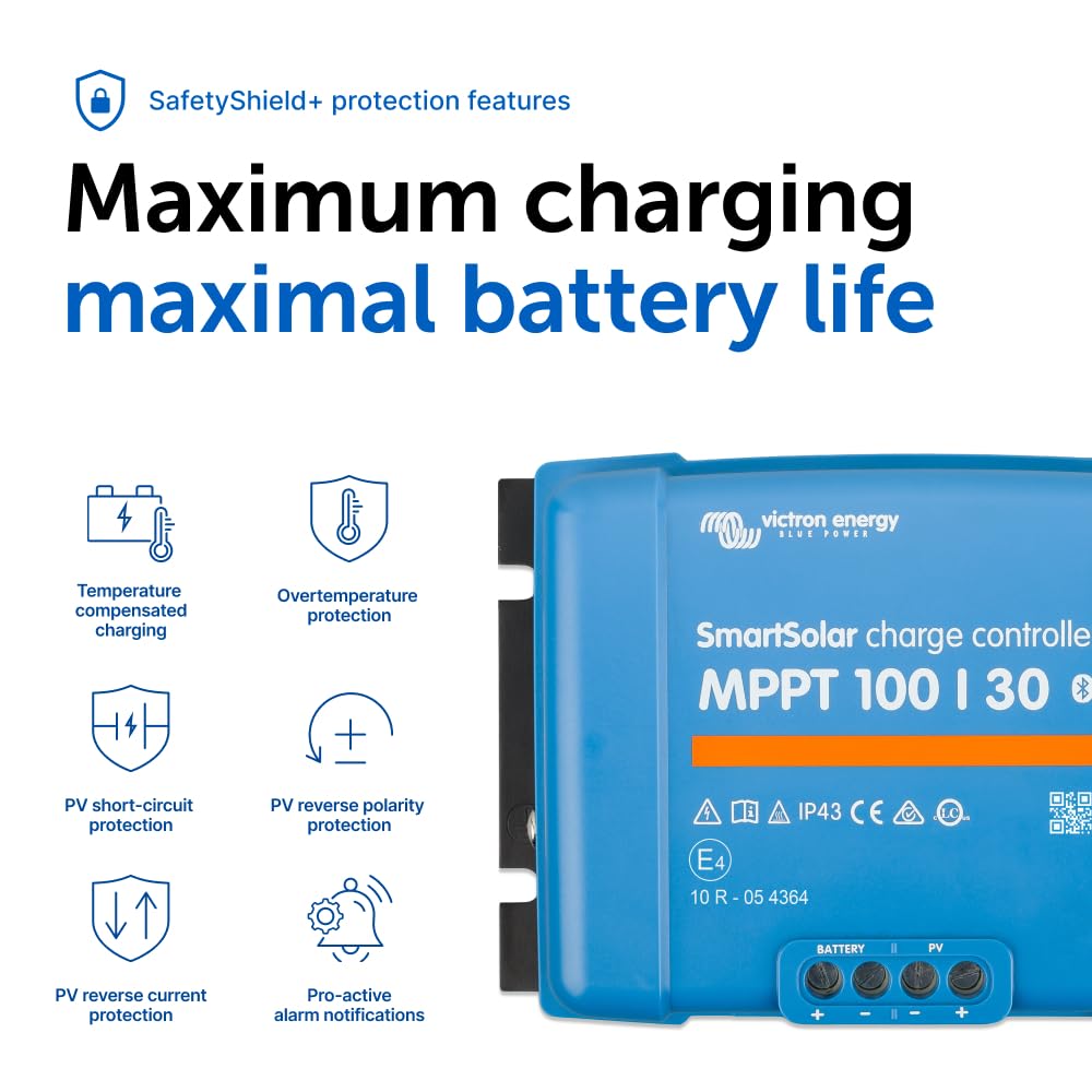 Victron Energy SmartSolar MPPT Solar Charge Controller (Bluetooth) - Charge Controllers for Solar Panels - 100V, 30 amp, 12/24-Volt