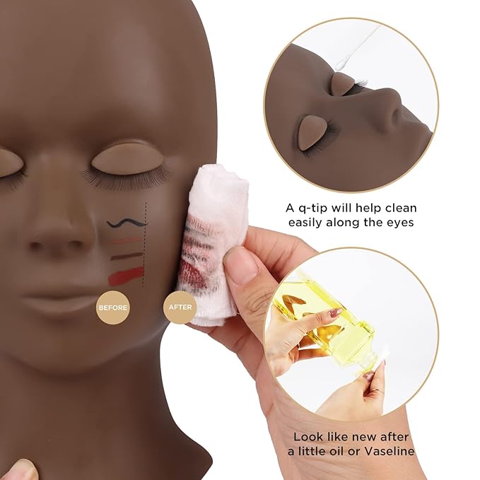 LASHVIEW Lash Mannequin Head,Replaced Eyelids Mannequin Head, For Lash Extension Practice, with 4 Pairs Replaced Eyelids, Makeup Soft-Touch Rubber Practice Head, Black Color