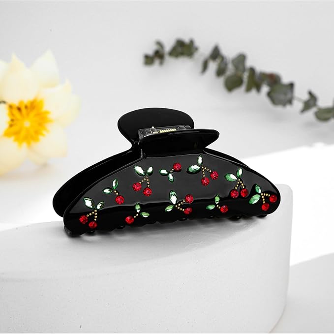 LILIE&WHITE Acrylic Hair Clips For Women Black Claw Clips With The Rhinestone Pattern In Red Cherry Hair Clip With Claw For Thick Hair Strong Hair Fix Claw Clips