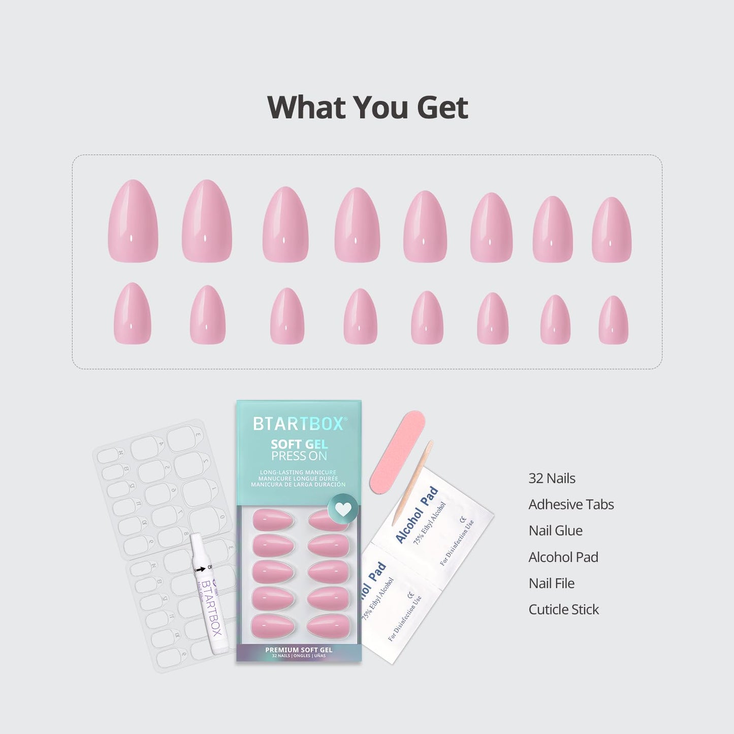 BTArtbox Press On Nails Almond - Pastel Baby Pink Short Press On Nails with Glue for Women, Opaque Soft Gel Glue On Nails in 16 Sizes - 32 Stick On Nails Kit, Bounce Kiss