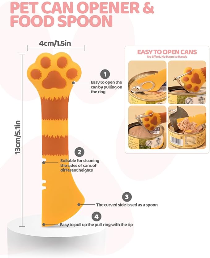 5 PCS Cat Food Can Covers Lids Set, Silicone Pet Food Can Lids with Multi-Function Cat Food Spoon and Opener, Cat Bar Squeezer, Stainless Steel Wet Food Spoon for Cats and Dogs (Orange)