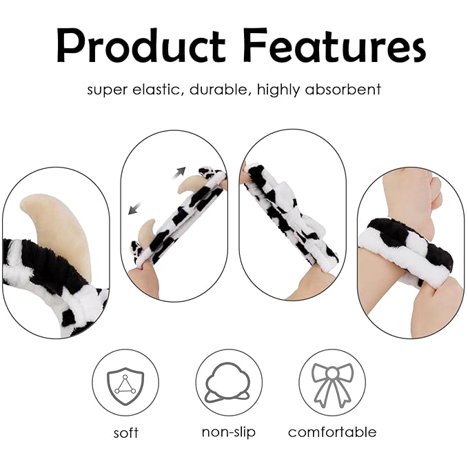 Canitor Cow Print Spa Headband and Wrist Bands Kit - Soft Makeup Headband Cute Cow Ears Skincare Set Gifts for Women Girls
